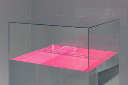 Pink Coco Lopez, 2010 - 2018 glass, paraffin oil, serigraph Pantone 812 U, wooden base